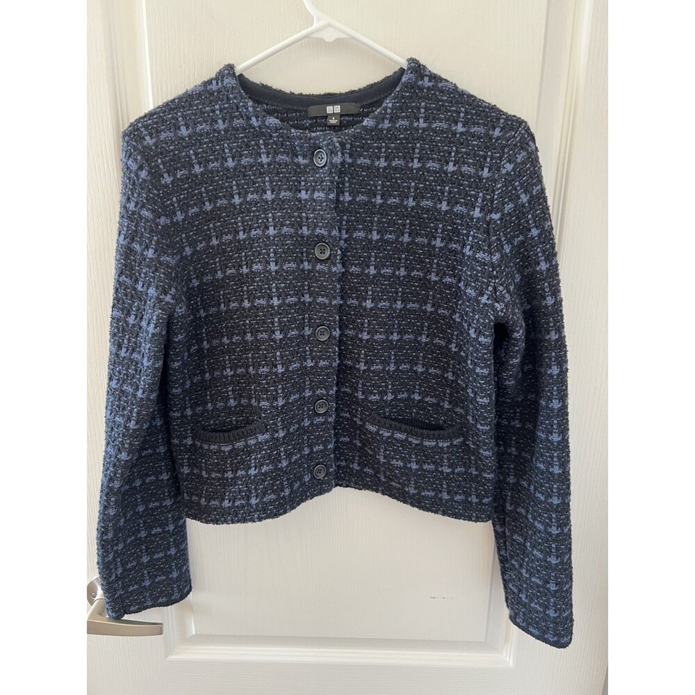 Uniqlo Women's Sophisticated Black Tweed Cropped Office Jacket Sz S Old Money